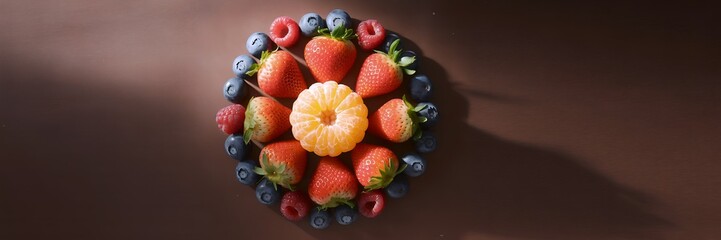 Delicious Arrangement of Fresh Fruits in a Circular Pattern on a Dark Surface
