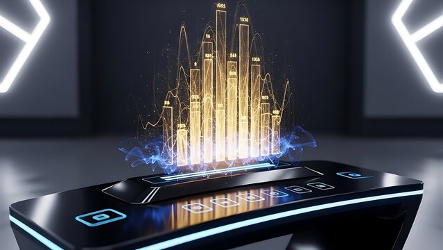 A holographic bar chart of financial data emerging from a futuristic black device on a dark background - Powered by Adobe