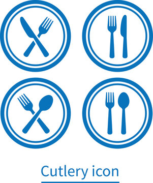 A set of four blue circular icons representing cutlery for dining and restaurants