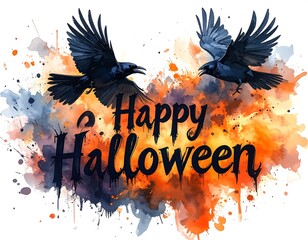 Two ravens fly over stylized watercolor text and splashes