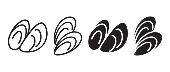 Simple vector icon set of mussels or clams in both line art and solid fill styles. © Safali