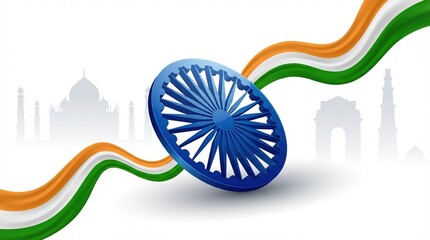 Happy republic day 26th january india features the ashoka chakra with saffron white and green stripes and faint architectural shapes