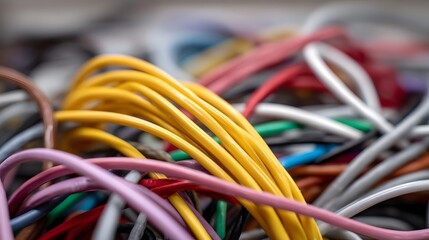 A close up view of a complex tangle of colorful electrical wires highlighting their textures and vibrant hues