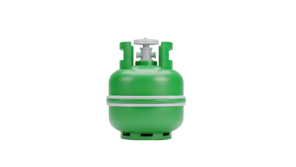 Green LPG cylinder with gray valve and white stripes on transparent background