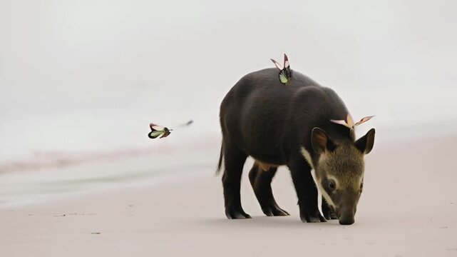 Baby tapir chasing butterflies and stopping abruptly. video