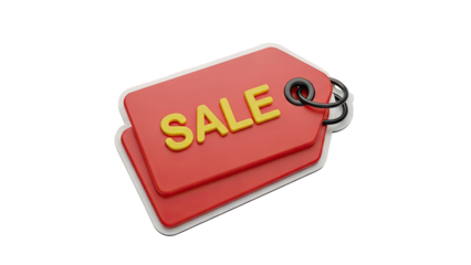 Red Sale Tag with Yellow Letters and Black Ring on transparent background