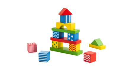 "Colorful Wooden Blocks Stacked Tower: Playful Building Toys on White Background (Adobe Stock Style)"
