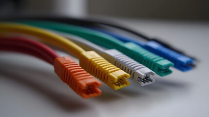 A close up view of various colorful electronic cables and their connectors highlighting connectivity