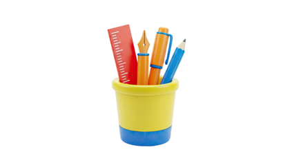 3D Stylized Pencil Cup with Ruler Pen and Pencil on transparent background