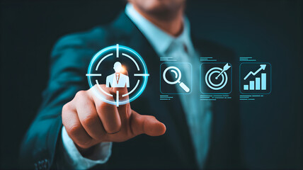 Business professional targeting customer with digital marketing analytics and growth strategies on virtual interface