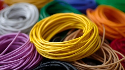 Close up of vibrant coiled cords in various colors arranged in a soft focus background