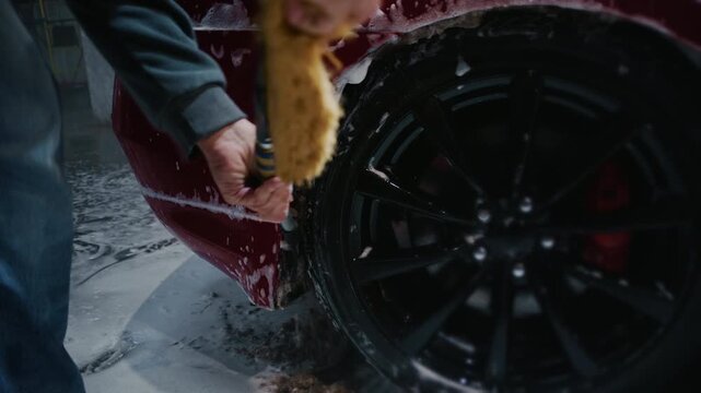 First-person perspective of a driver clearing packed snow and road dirt from the area above the car's tires at a self-service car wash station.