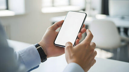 Businessman Hands with Watch Holding Blank Smartphone Mockup in Bright Office