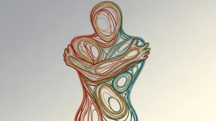 Abstract figure embracing itself in colorful swirling lines.