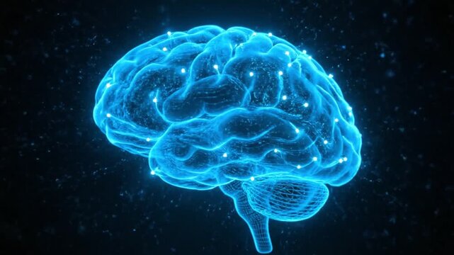 advanced 3D animation of a futuristic human brain wireframe glowing neon blue with pulsing synaptic particles and high contrast dramatic lighting
