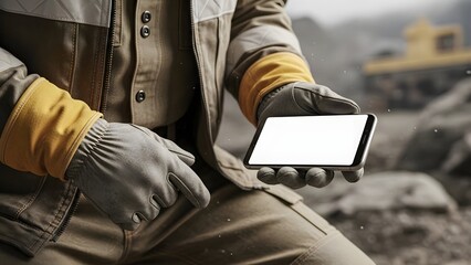Miner Hands Using Horizontal Smartphone Mockup at Industrial Site