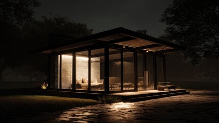 Obraz premium Modern glass house illuminated at night with exterior view