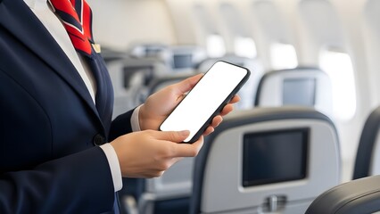 Flight Attendant Hands Holding Blank Smartphone Mockup in Airplane Cabin