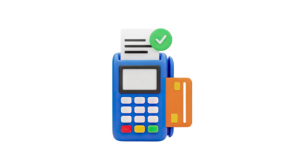 Payment Terminal With Credit Card and Approved Check Mark Icon on transparent background