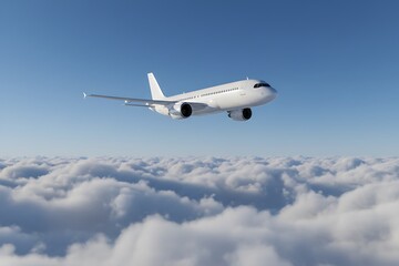 Fototapeta premium White Passenger Jet Flying Above Fluffy Clouds in Blue Sky