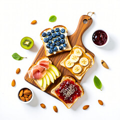 delicious toast with fruits and nuts on wooden board