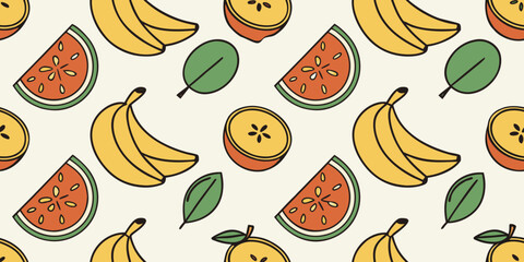 Seamless Fruit Illustration Vector Pattern for Food Packaging, Colorful Flat Snack and Beverage Branding