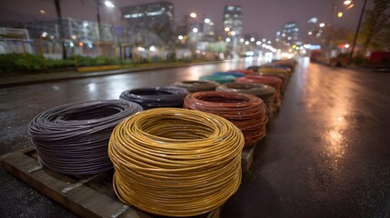 Coiled spools of multicolored electrical wires arranged on a wet city street at night with blurred reflections