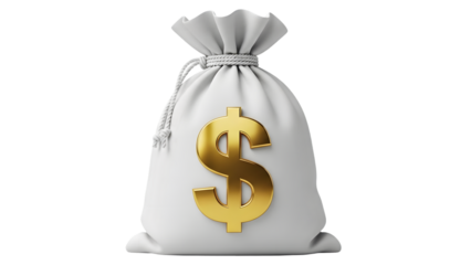 White money bag with gold dollar sign isolated on transparent background