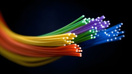 A close up abstract view of a flowing bundle of colorful fiber optic cables against a dark background