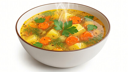 delicious vegetable soup in a white bowl with herbs