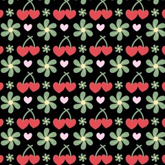 Cherry Heart Seamless Pattern on Black Background