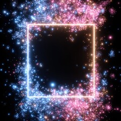 Abstract glowing square frame with sparkling particles on black background