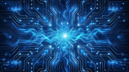 Dynamic blue digital circuit board with glowing energy flow, symbolizing advanced technology, artificial intelligence, and interconnected global data networks - Powered by Adobe