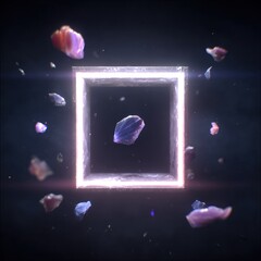 Abstract glowing square with floating geometric shapes on dark background