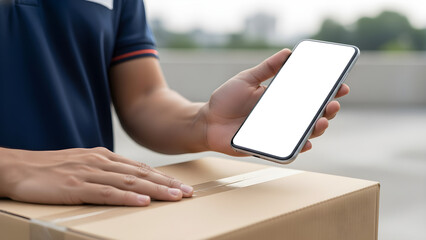 Delivery Courier Hands Holding Blank Smartphone Mockup Over Package Box