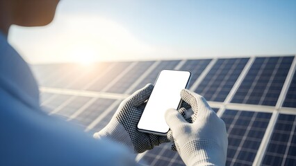 Solar Energy Engineer Hands Holding Smartphone Mockup at Photovoltaic Plant