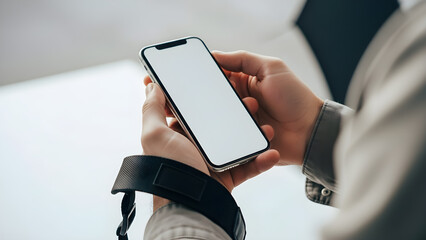 Photographer Hands with Camera Wrist Strap Holding Blank Smartphone Mockup