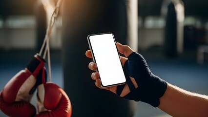 Boxer Hand in Blue Wraps Holding Blank Smartphone Mockup in Gym