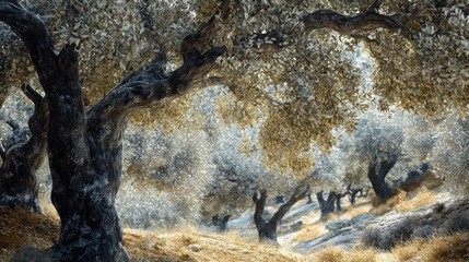 An ancient, gnarled olive grove on a hillside in Greece, the silvery leaves of the trees shimmering in the hot summer sun, rustic and timeless landscape. 