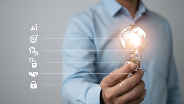 Businessman holds glowing light bulb with global map and linked icons symbolizing innovation, growth, security and collaboration - Powered by Adobe