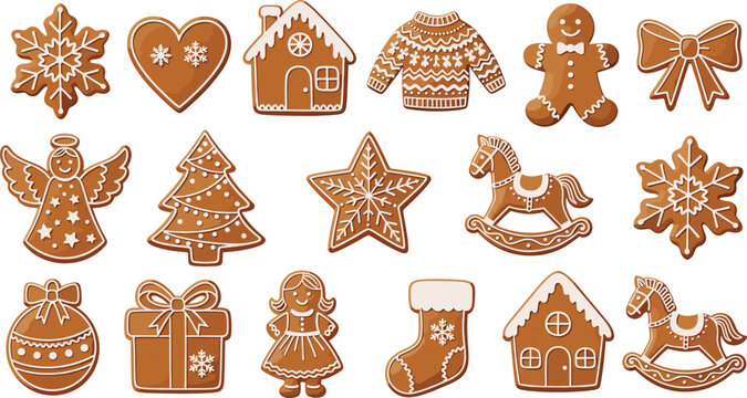 Christmas gingerbread cookies vector illustration set featuring gingerbread man house snowflake star heart sweater angel and rocking horse with white icing for holiday design