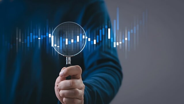 Magnifying glass over blue candlestick stock chart for financial analysis - Powered by Adobe