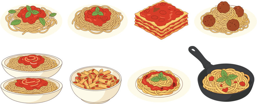 Delicious Italian pasta vector illustration set featuring spaghetti with tomato sauce meatballs lasagna penne and basil leaves in bowls and pan isolated on white