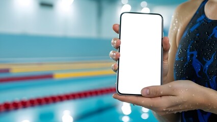 Swimmer Hands Holding Blank Smartphone Mockup at Indoor Pool