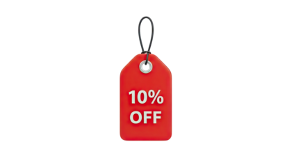 Red 10% Off Discount Tag with String on transparent background