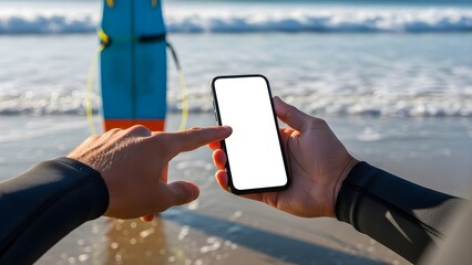 Surfer Hands Using Blank Smartphone Mockup on Beach with Surfboard