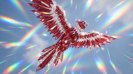 authentic human lifestyle concept Majestic crystal phoenix of ruby and diamond flying in a sky with brilliant rainbow light flares. A symbol of rebirth, luxury, and fantasy. modern commercial stock us