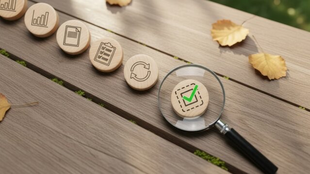Quality focus under review: magnifying glass highlighting green checkmark on round wooden icon among finance and process symbols on bench, symbolizing audit, approval and performance verification

