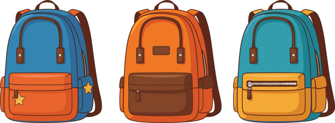 Colorful school backpack vector illustration set featuring blue orange and teal rucksacks with zippers and pockets isolated on white background for students education design © Aminul
