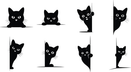 Set of Minimalist black cat peeking from behind wall silhouette vector icon ©  Jaynab Banu